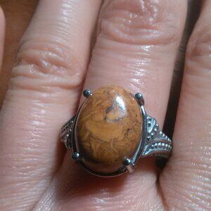 Script Stone Jasper Stainless Steel Solitaire Ring (Size 10)